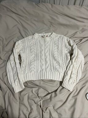 Pink Rose Ivory Cable-Knit Cropped Crewneck Sweater